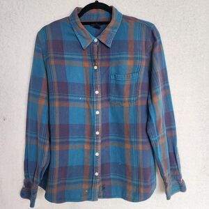 Lucky Brand Size XL Blue Orange Bungalow Plaid Flannel Shirt